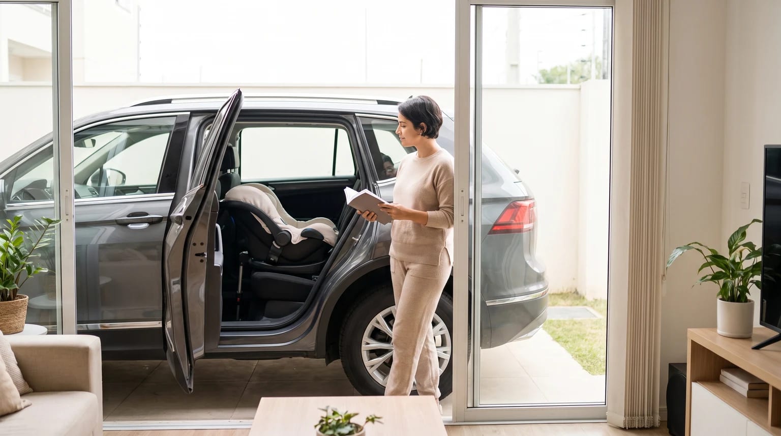 Cuidadora consulta um manual ao lado de um carro estacionado com uma cadeirinha virada para trás no banco traseiro.
