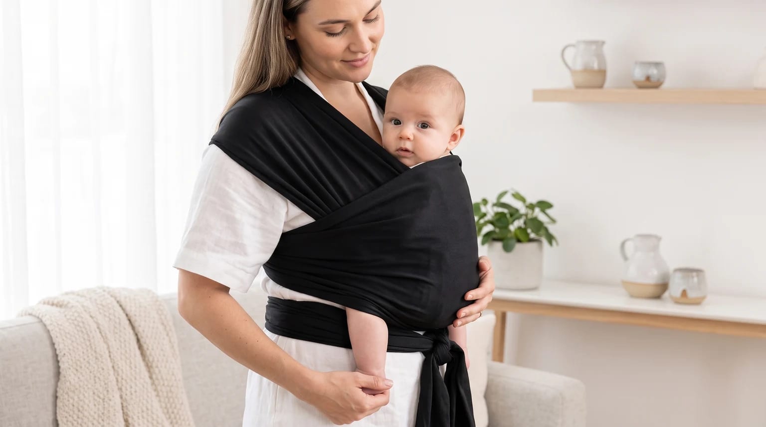 Mulher carrega um bebê em um sling preto, em uma sala clara.