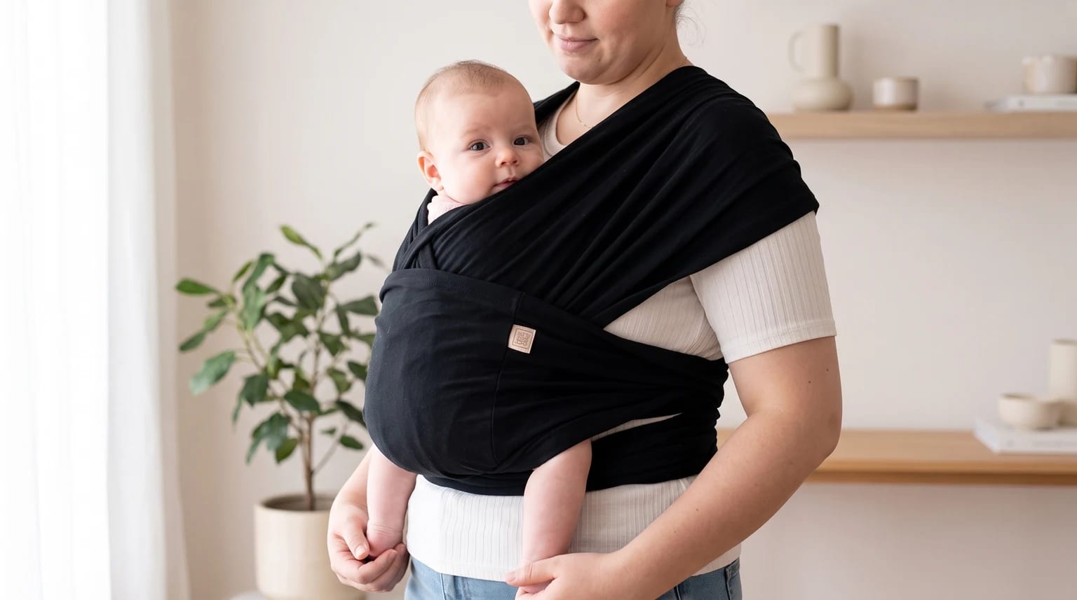 Mulher carrega um bebê em um sling preto de vestir, em uma sala clara com planta.