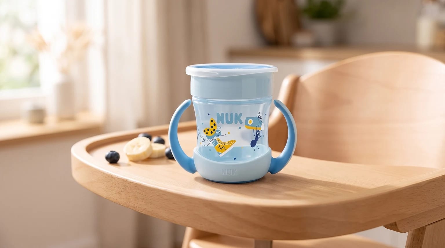 NUK Mini Magic Cup azul com desenhos de insetos sobre uma bandeja de madeira, ao lado de frutas.