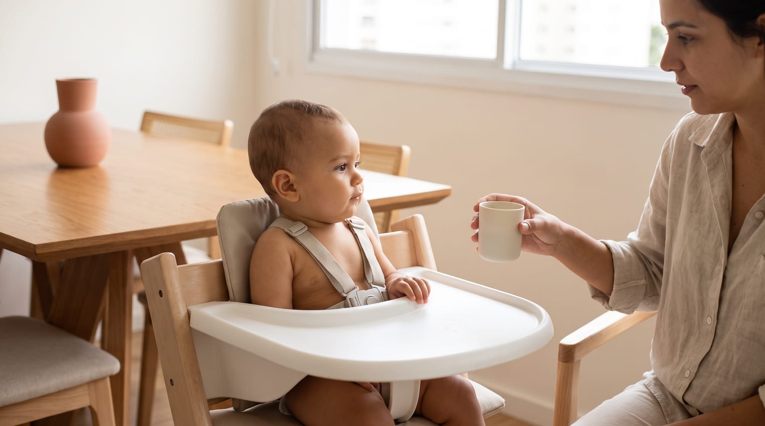 Pessoa adulta segura um copo afastado de um bebê sentado na cadeira de alimentação, com o cinto afivelado.