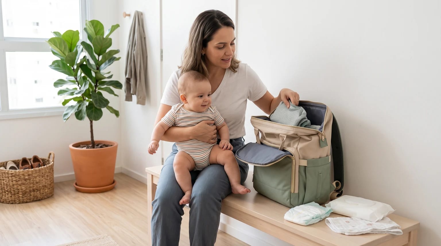 Mulher sentada em um banco, com um bebê no colo, organiza itens em uma mochila de maternidade verde e bege.