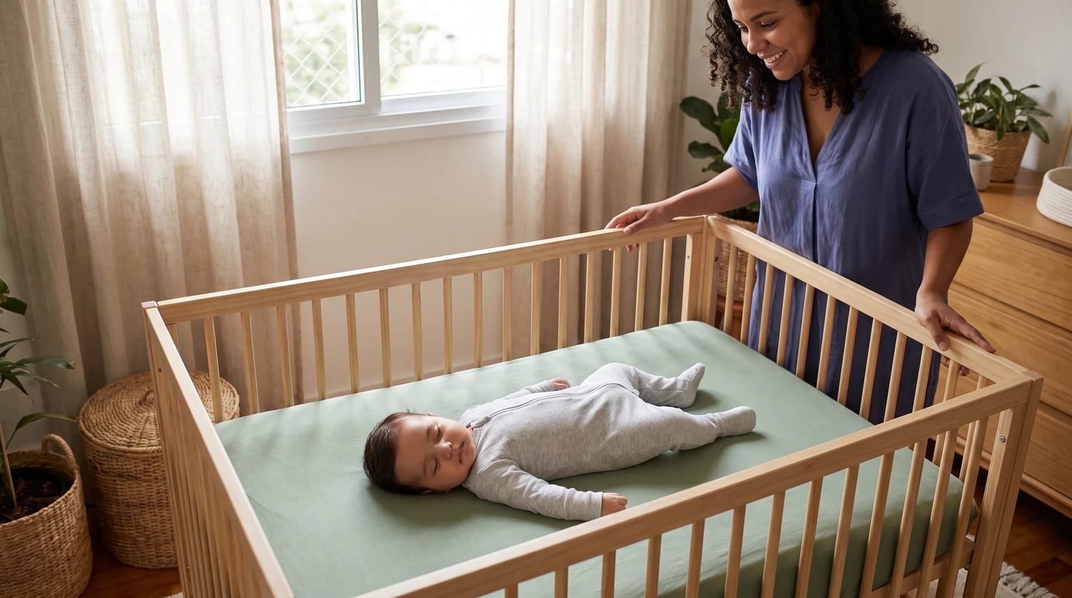 Bebê dorme de barriga para cima em um berço livre de objetos, sobre um colchão plano com lençol bem ajustado, enquanto uma cuidadora observa.
