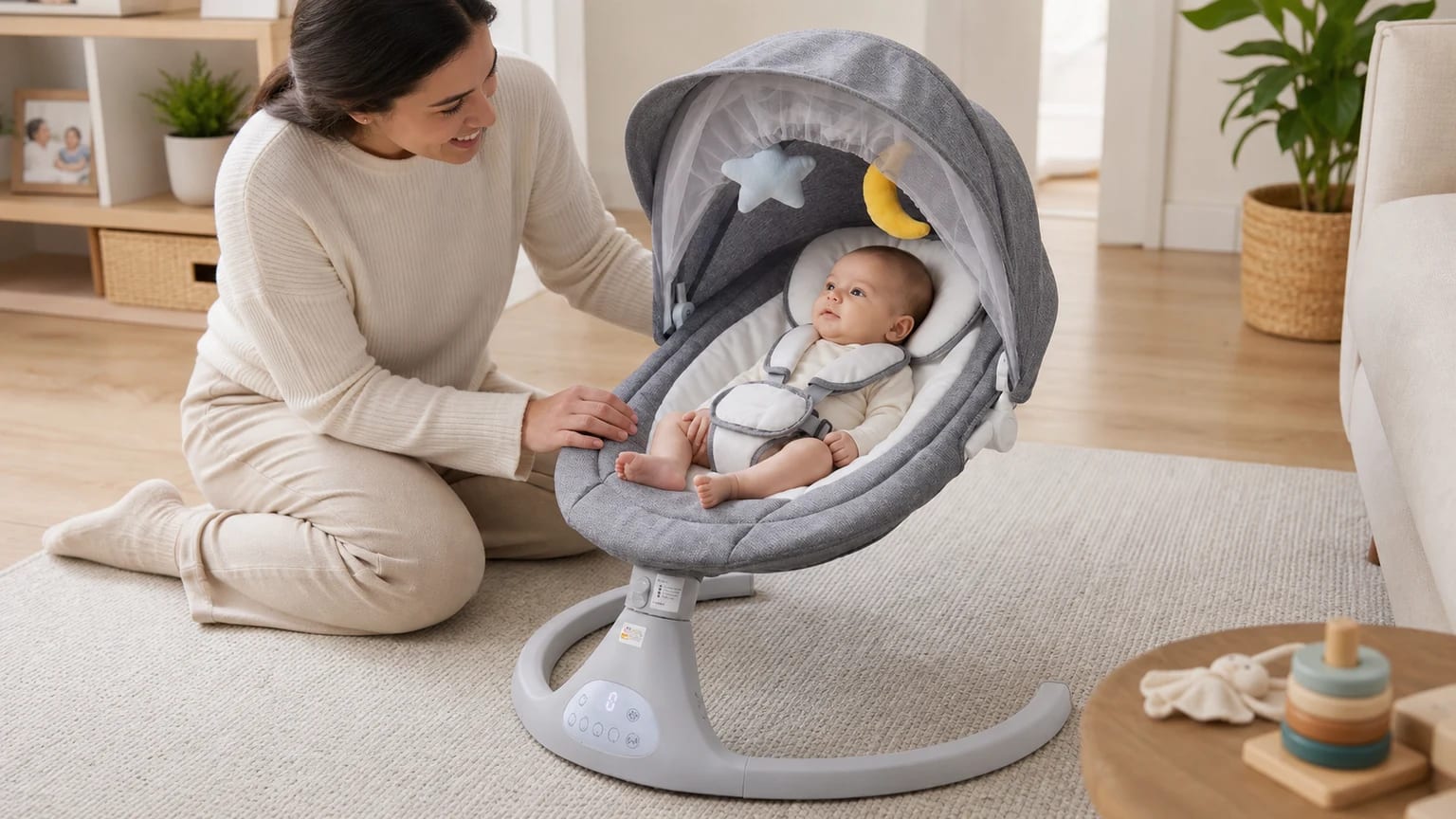 Bebê acordado na cadeira de balanço automática Baby Style Bliss, sob o mosquiteiro, com o cinto ajustado e a mãe ao lado.