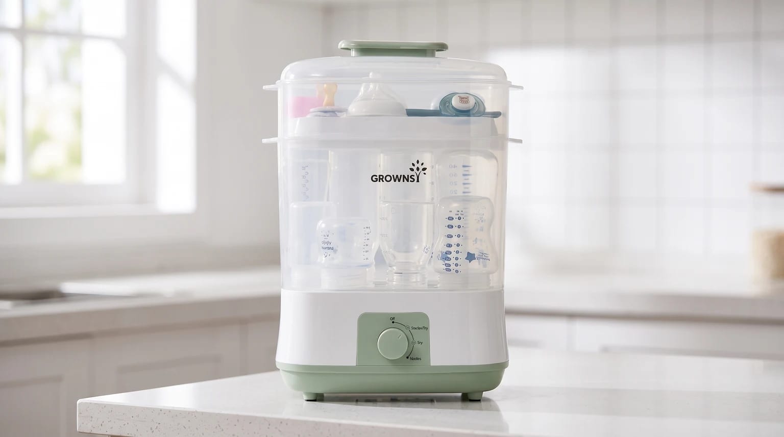 Um esterilizador e secador elétrico branco e verde está sobre a bancada da cozinha, cheio de mamadeiras, bicos e chupetas.