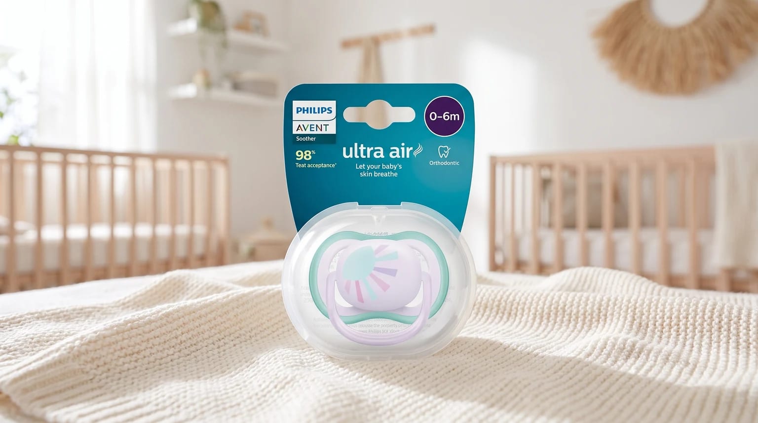 Embalagem da Philips Avent Ultra Air com a chupeta em um estojo transparente, sobre uma manta clara em um quarto de bebê.