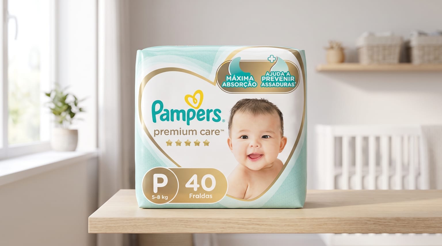 Pacote de fraldas Pampers Premium Care, tamanho P, sobre uma prateleira de madeira em um quarto de bebê claro.
