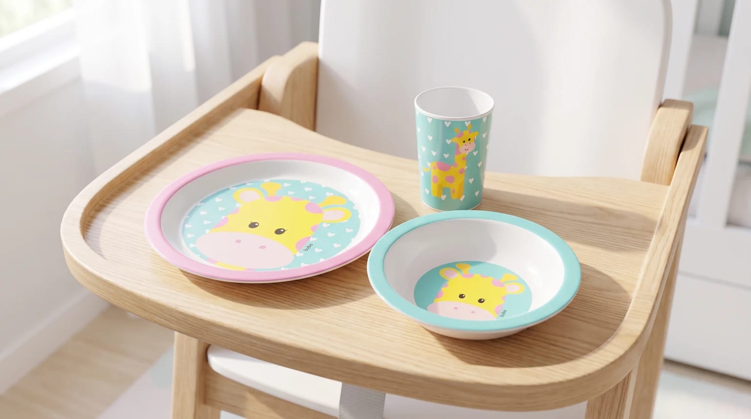 Conjunto Buba Animal Fun Girafa, com prato, tigela e copo, sobre a bandeja de uma cadeira de alimentação de madeira.
