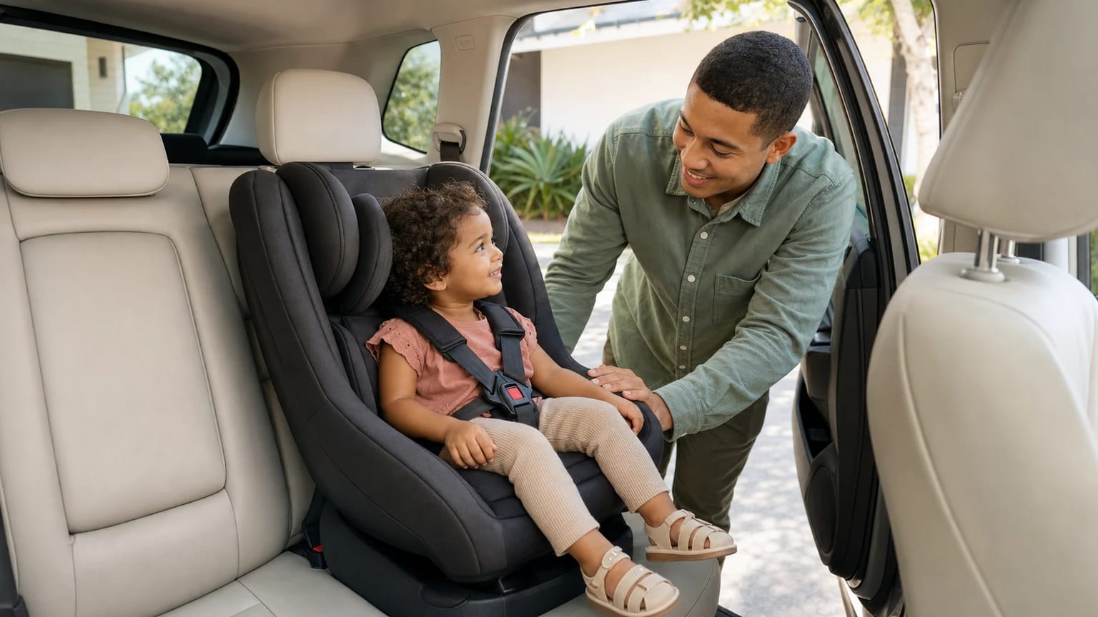 Pai sorri para uma menina sentada em uma cadeirinha no banco traseiro de um carro.
