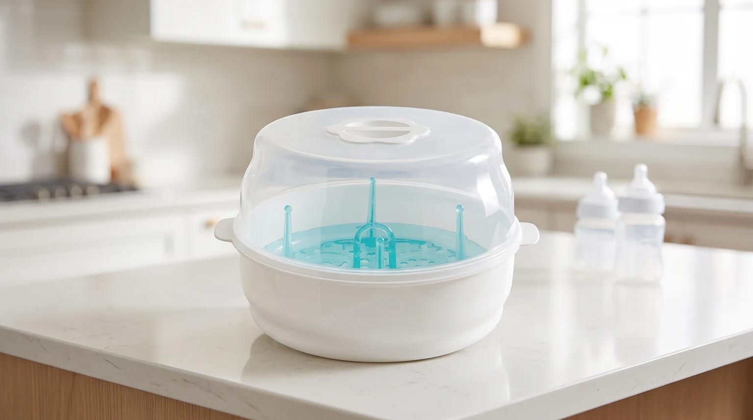 Esterilizador branco para micro-ondas, com tampa transparente e bandeja azul, sobre a bancada de uma cozinha clara.