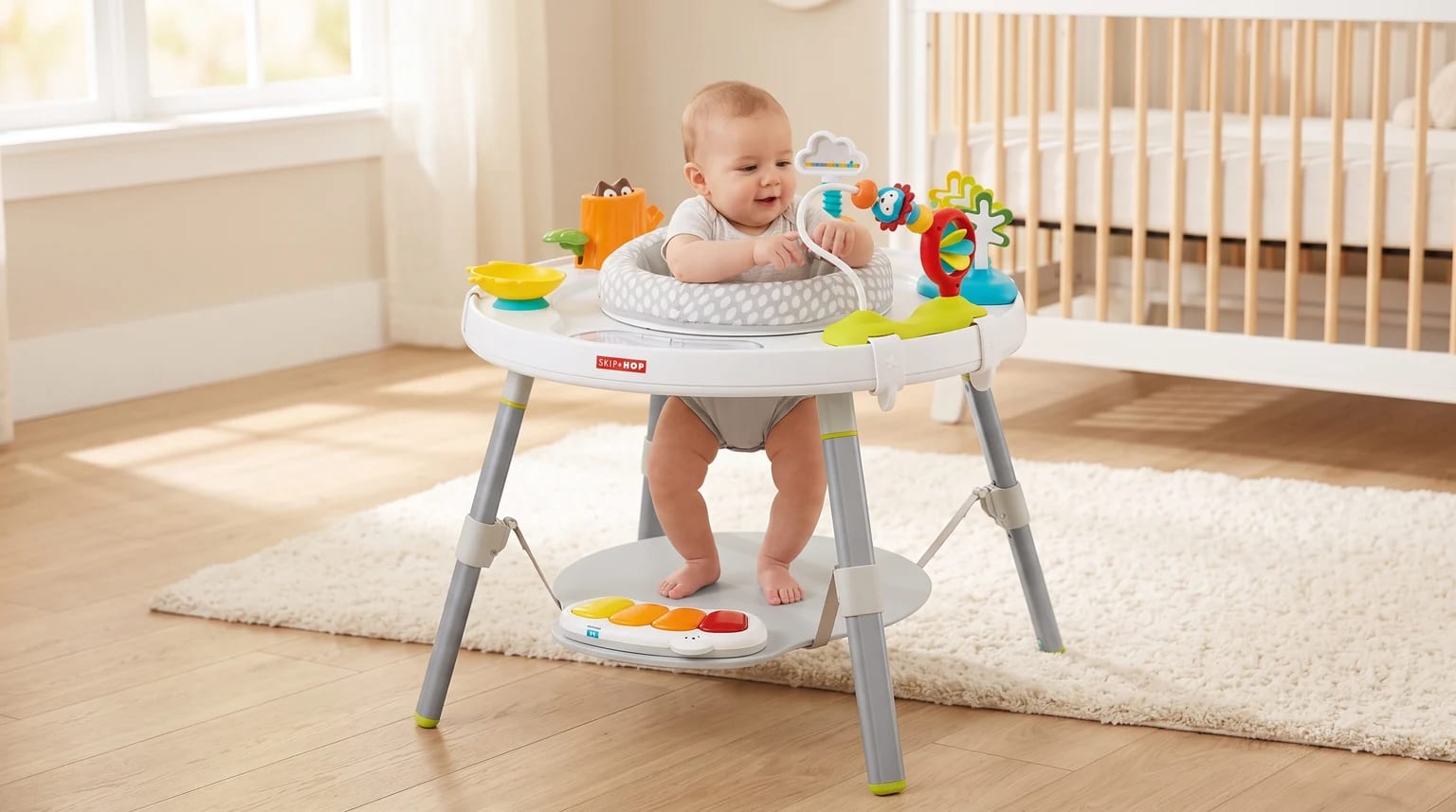 Bebê sorridente em um centro de atividades branco, com os pés apoiados na plataforma e brincando com os brinquedos coloridos na bandeja.