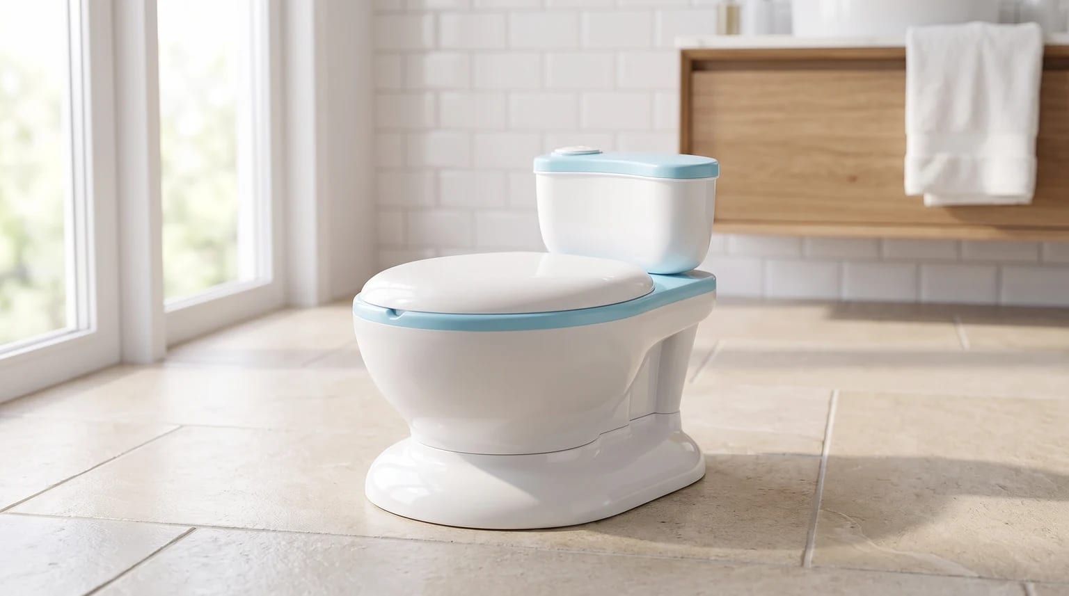 Troninho infantil branco com detalhes azul-claros, em formato de vaso sanitário em miniatura, no chão de um banheiro claro.