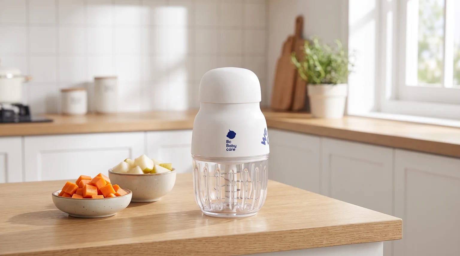 Processador compacto de papinhas bc babycare em uma bancada, ao lado de tigelas com pedaços de cenoura e pera.