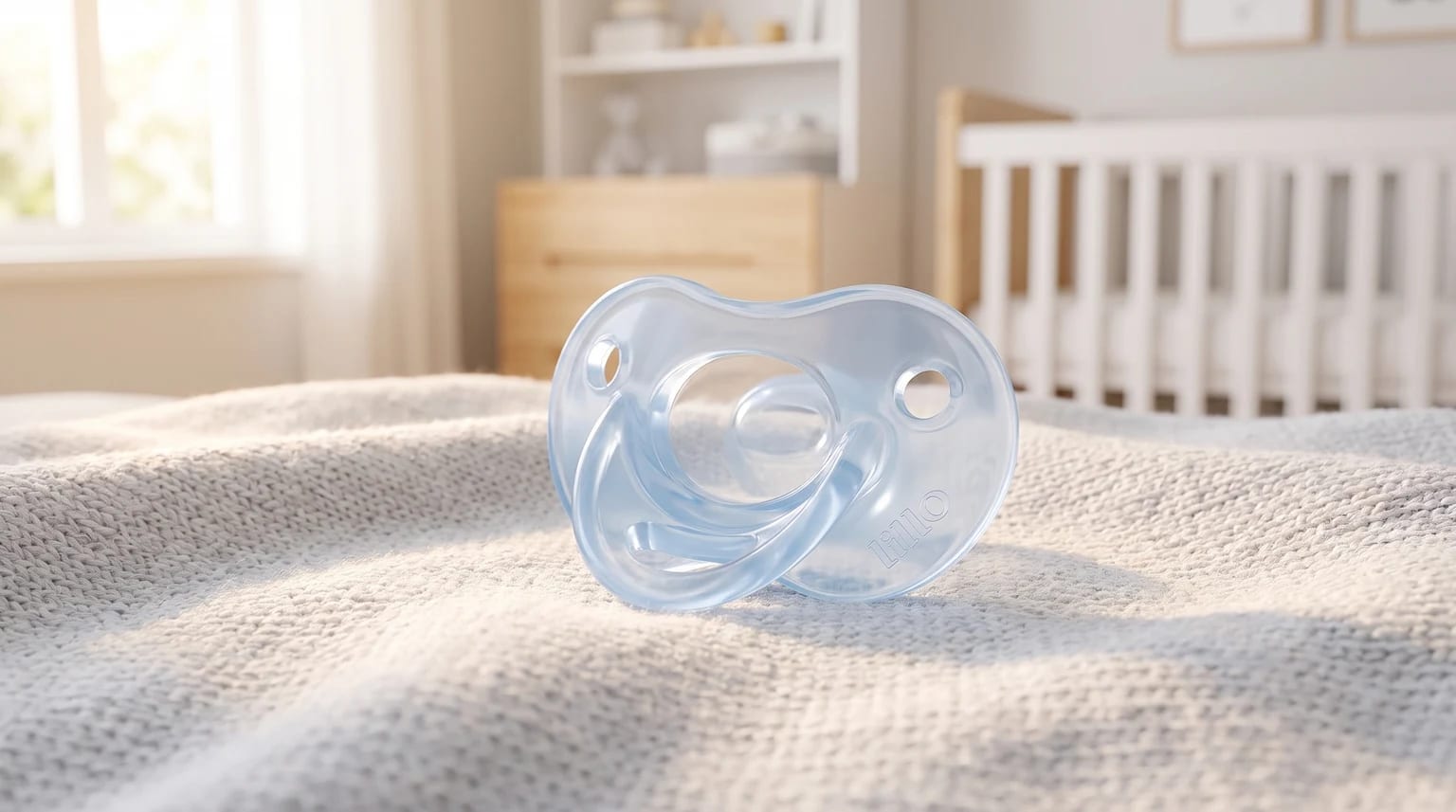 Chupeta de silicone azul claro sobre um cobertor cinza de malha, em um quarto de bebê com um berço ao fundo.