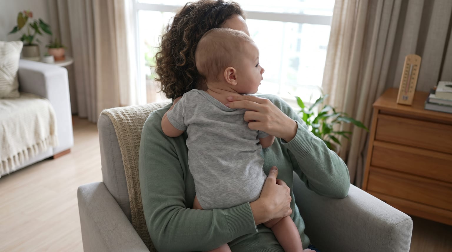 Pessoa verifica delicadamente a nuca de um bebê acordado e bem apoiado, com termômetro de ambiente sem leitura visível ao fundo.