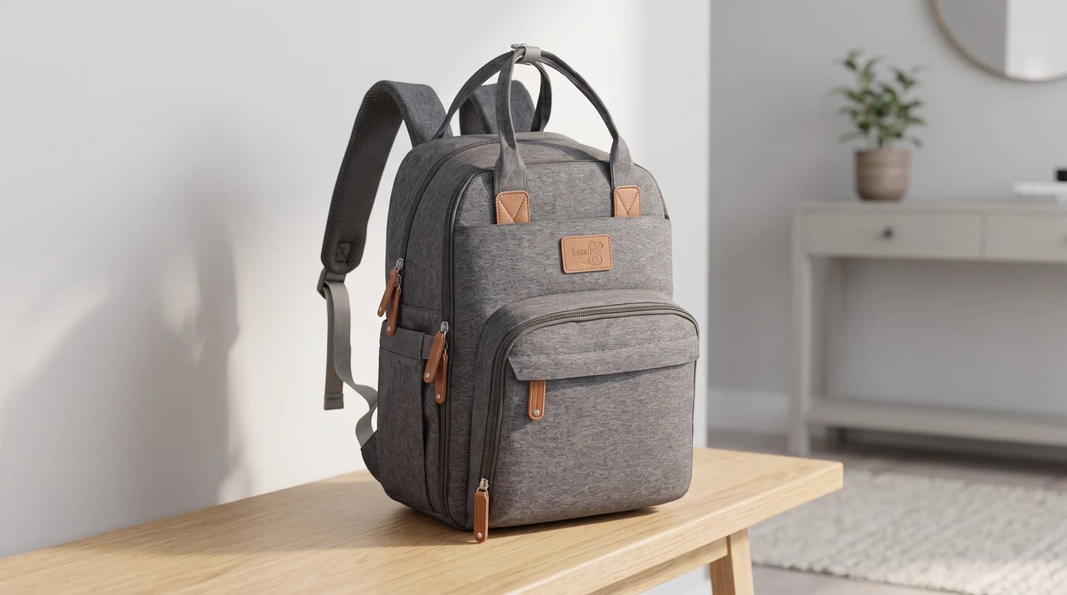 Mochila de maternidade cinza mescla com detalhes caramelo, apoiada sobre um banco de madeira em um ambiente claro.