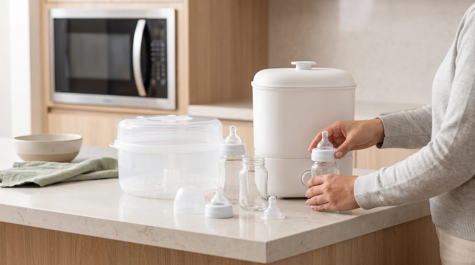 Uma pessoa montando uma mamadeira na bancada da cozinha, ao lado de um esterilizador elétrico e de um modelo para micro-ondas.