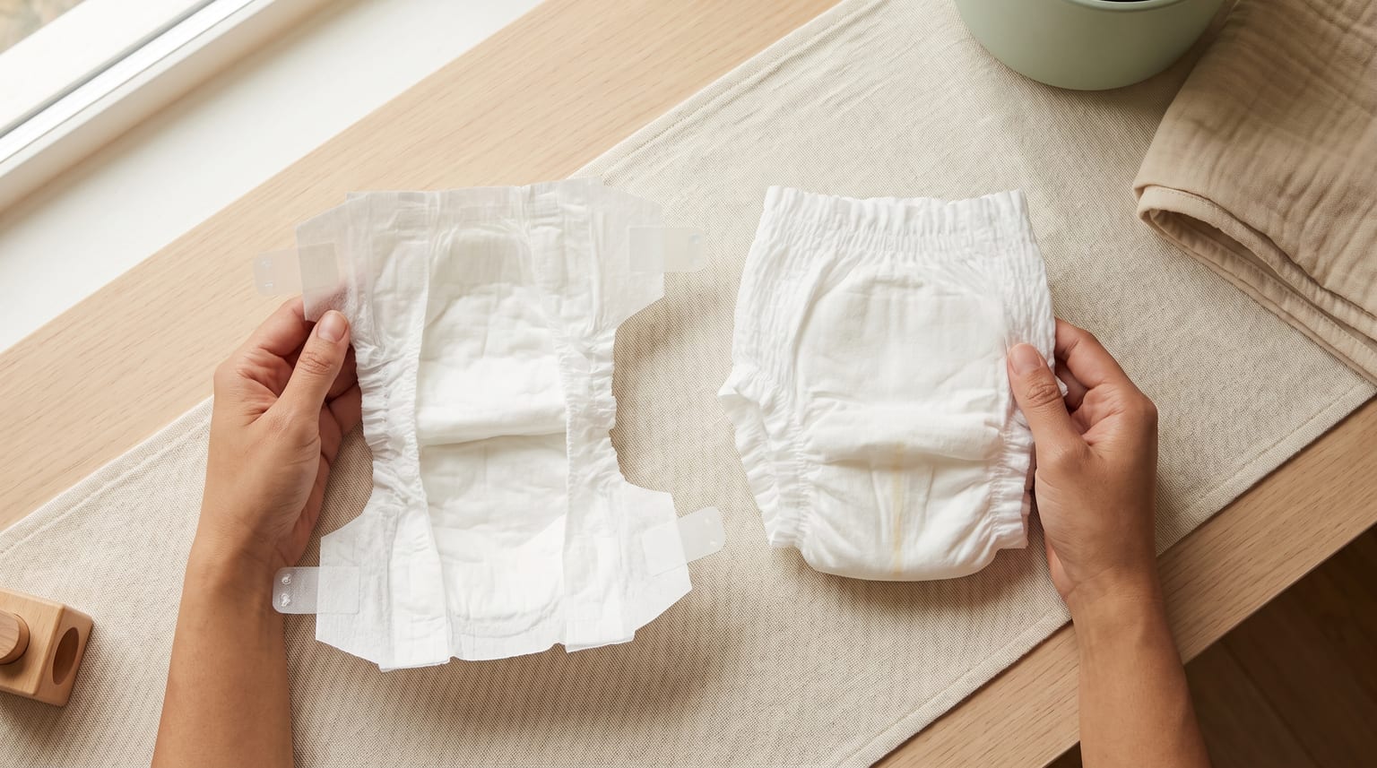 Mãos de um adulto comparam uma fralda aberta e uma fralda-calça brancas sobre uma superfície clara.