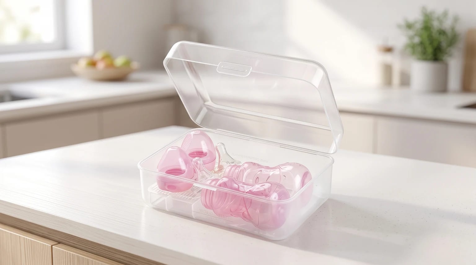 Esterilizador transparente para micro-ondas com a tampa aberta, cheio de mamadeiras e bicos rosa, sobre uma bancada de cozinha.