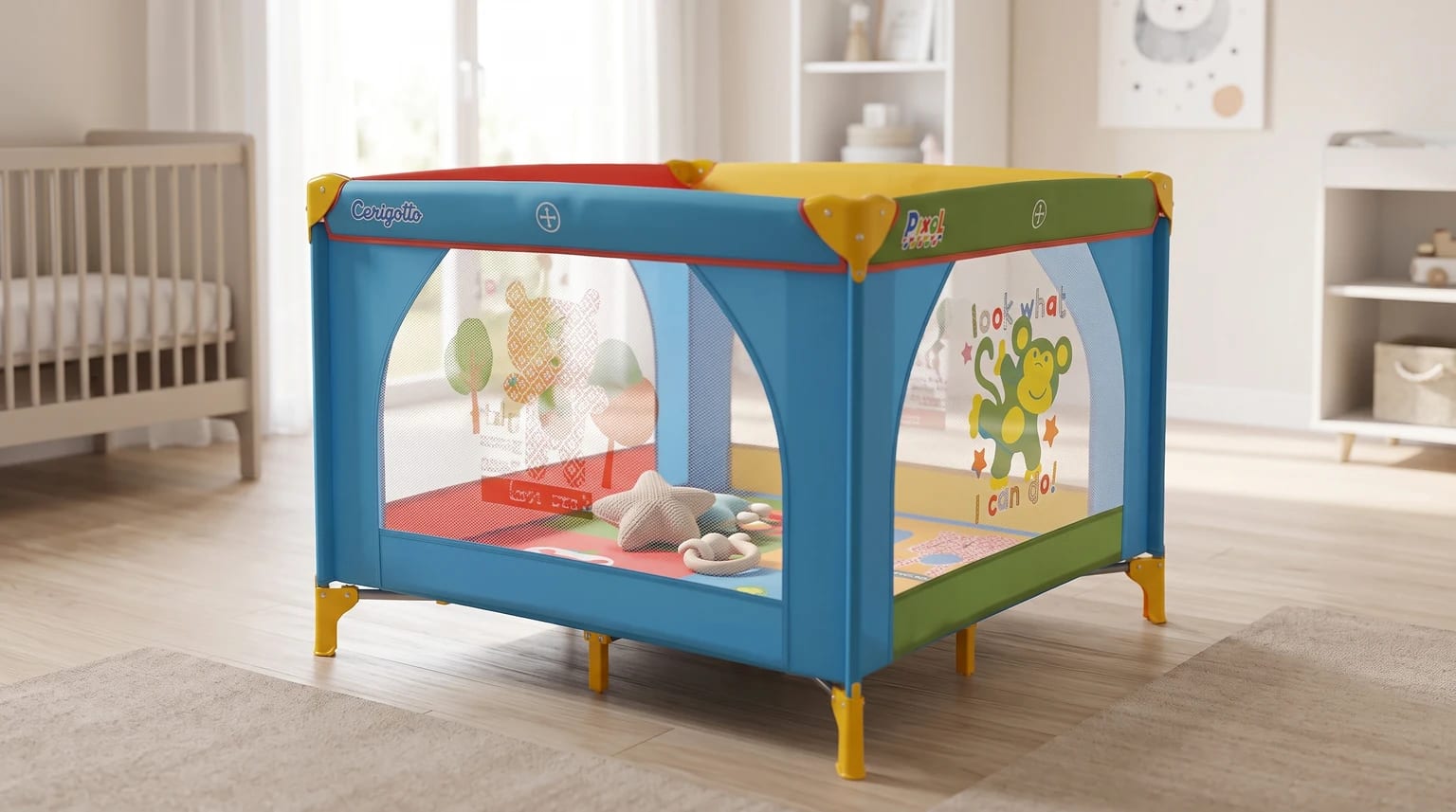 Cercadinho quadrado e colorido, com laterais de tela e desenhos de animais, montado sobre o piso de madeira de um quarto infantil.