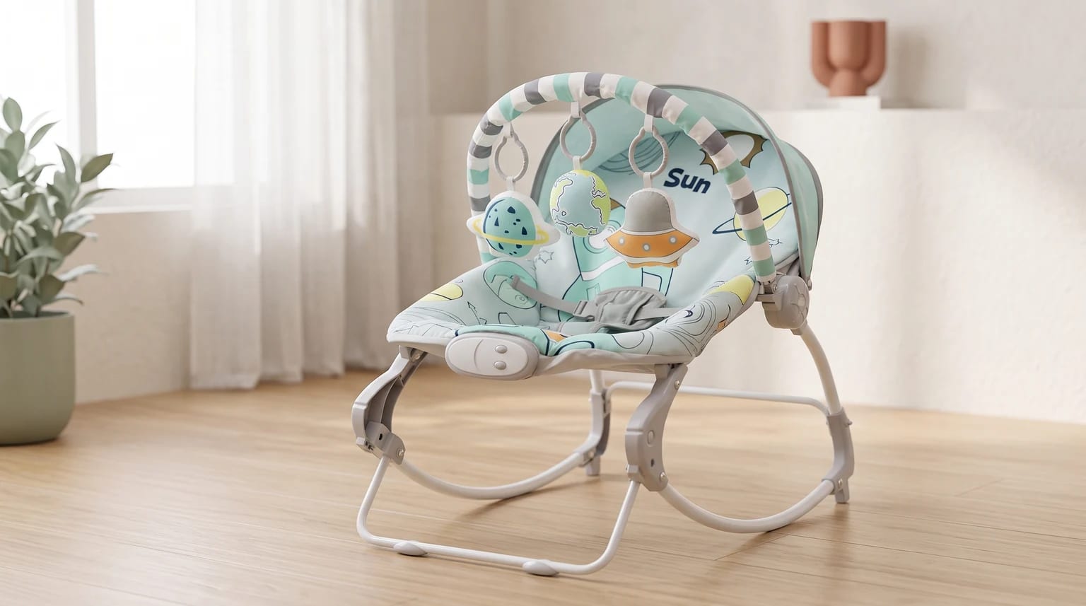 Cadeira de descanso Dican Passeio Espacial em tons de azul e verde, com estampa e brinquedos de tema espacial.