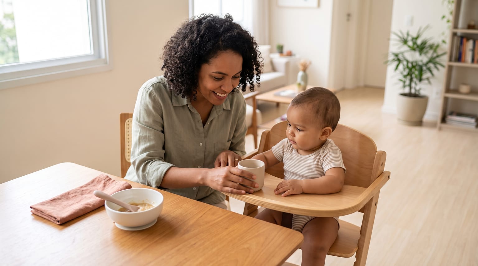 Uma mulher ajuda um bebê sentado na cadeira de alimentação a segurar um copo durante a refeição.
