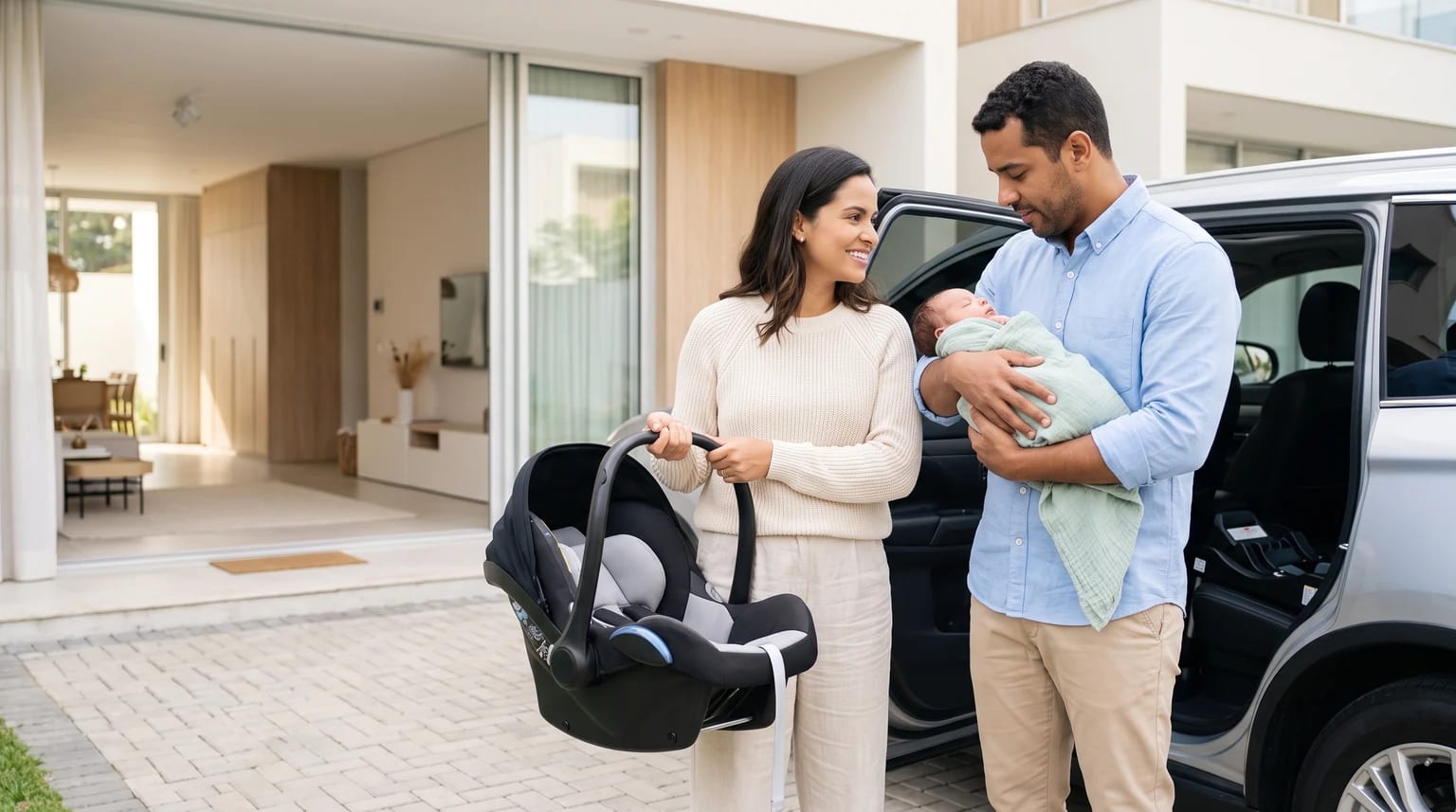 Pai segura um recém-nascido no colo enquanto a mãe leva um bebê-conforto ao lado de um carro com a porta aberta.