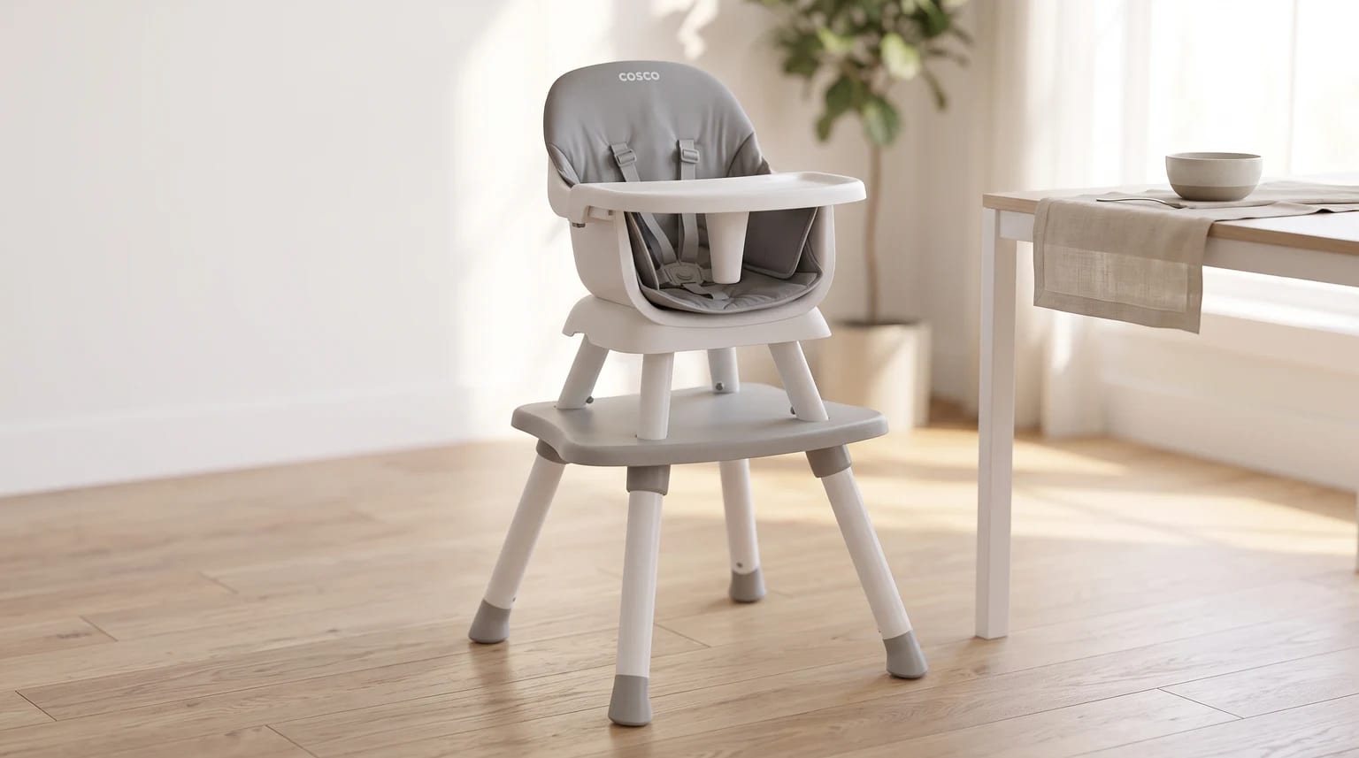 Cosco Convertty branca e cinza, montada na configuração alta ao lado de uma mesa de jantar.