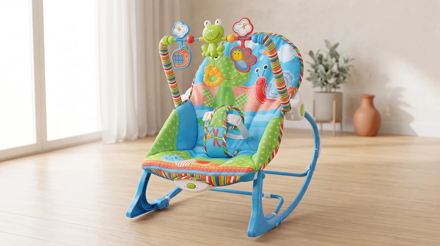 Cadeira de descanso Maxi Baby FunTime azul, com estampa de animais e arco de brinquedos, sobre piso de madeira.