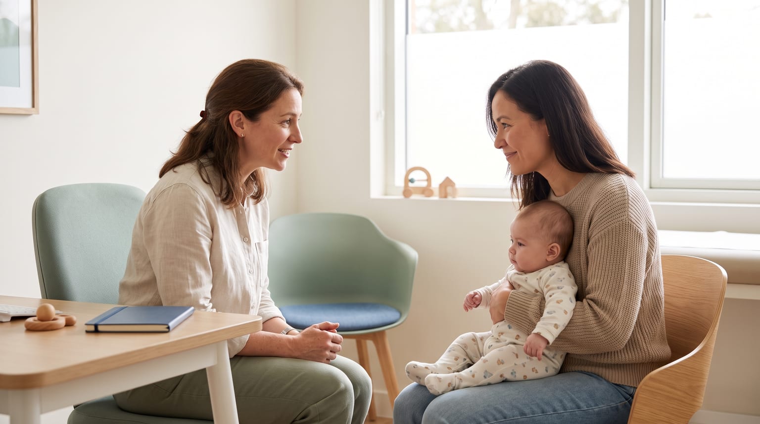 Uma mulher segura um bebê vestido enquanto conversa com uma pediatra em um consultório iluminado.