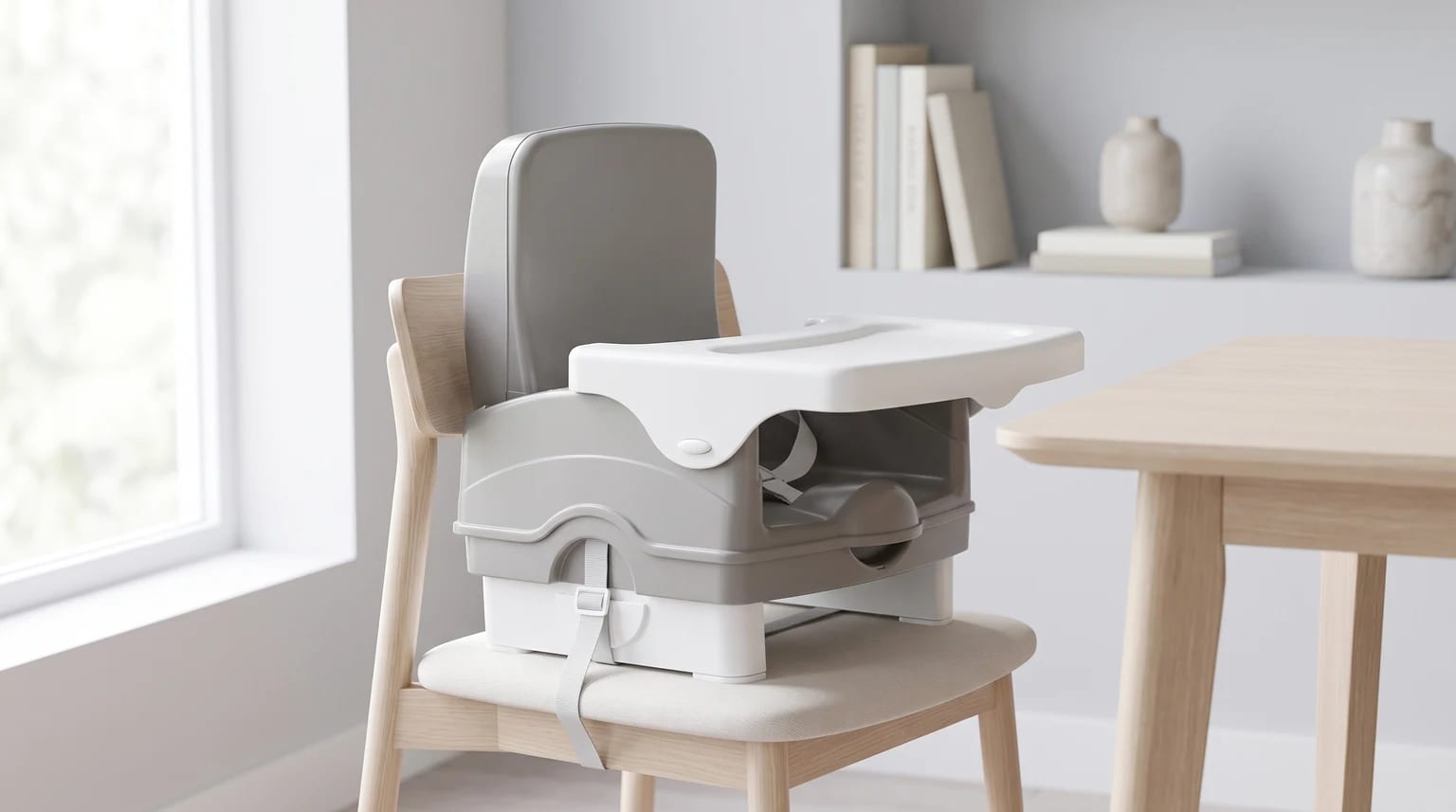 Cosco Smart cinza e branca, presa por cintas a uma cadeira de madeira ao lado da mesa de jantar.