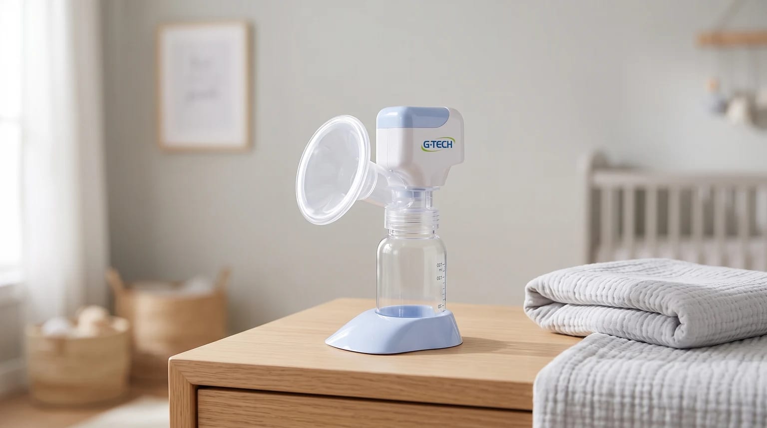Bomba de tirar leite elétrica da G-Tech sobre uma cômoda de madeira, em um quarto de bebê com um berço ao fundo.