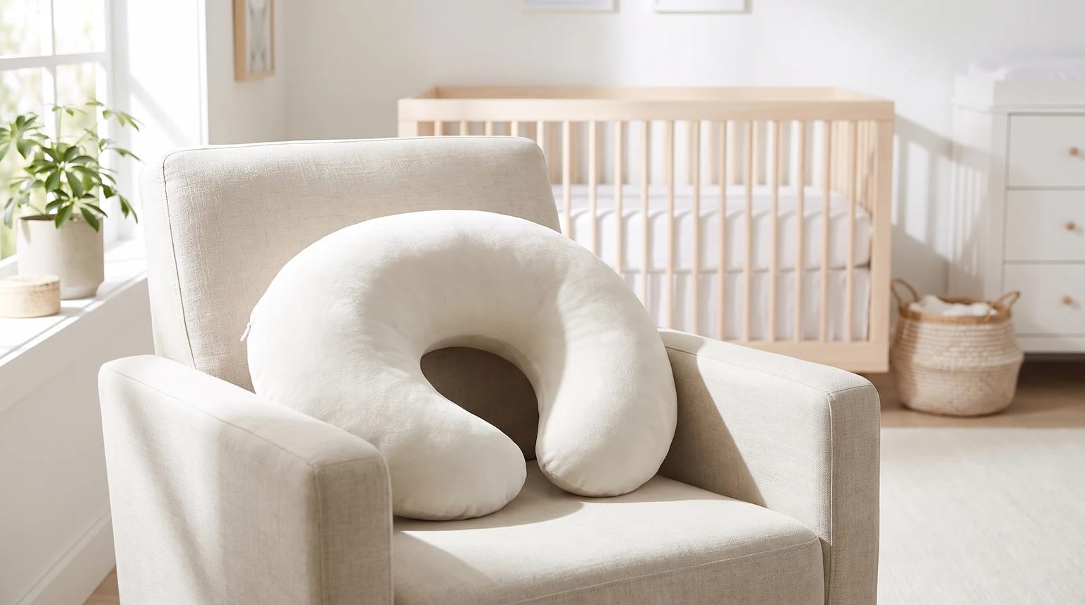 Almofada de amamentação cor de marfim em uma poltrona bege, dentro de um quarto de bebê com um berço de madeira ao fundo.