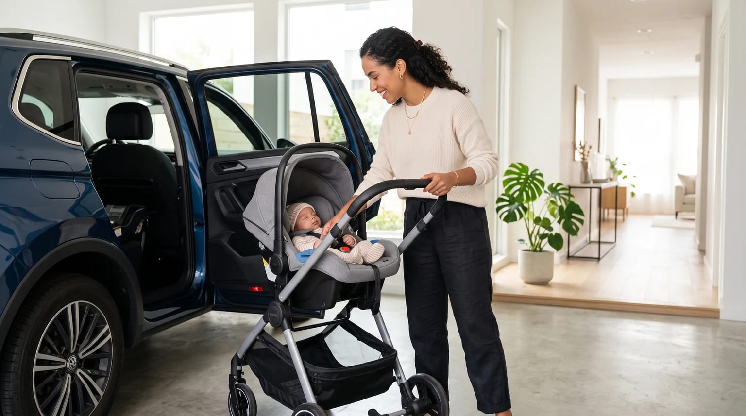 Mulher ao lado de um carro com bebê-conforto acoplado a um carrinho de bebê travel system.