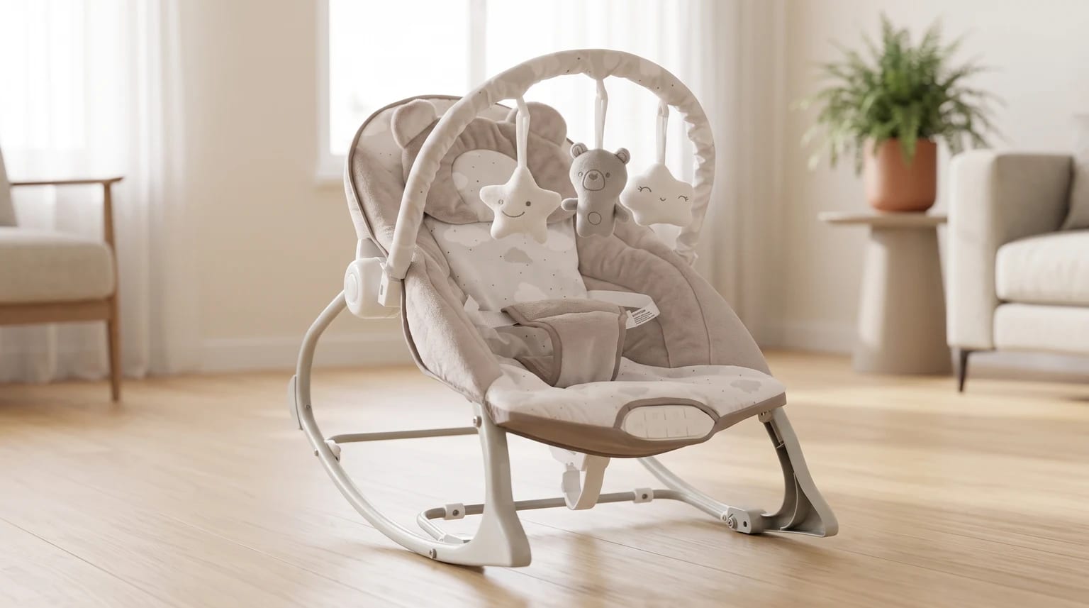 Cadeira de descanso Maxi Baby Polar em tons de cinza e bege, com arco de brinquedos de pelúcia, sobre piso de madeira.
