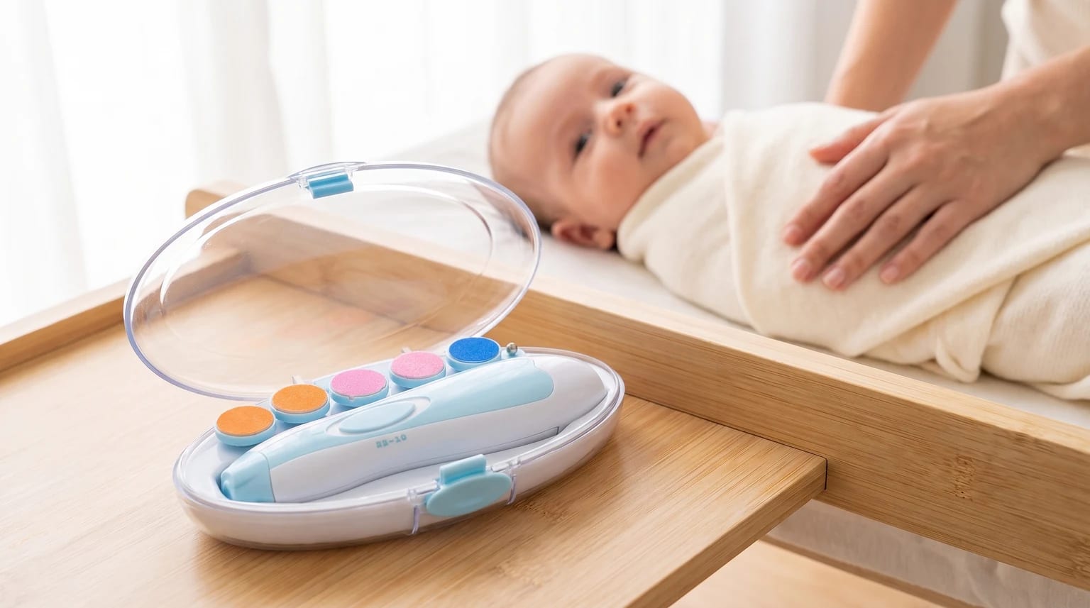 Kit de lixa de unha elétrica Buba aberto sobre uma bandeja de madeira, com um bebê acordado e um cuidador ao fundo.