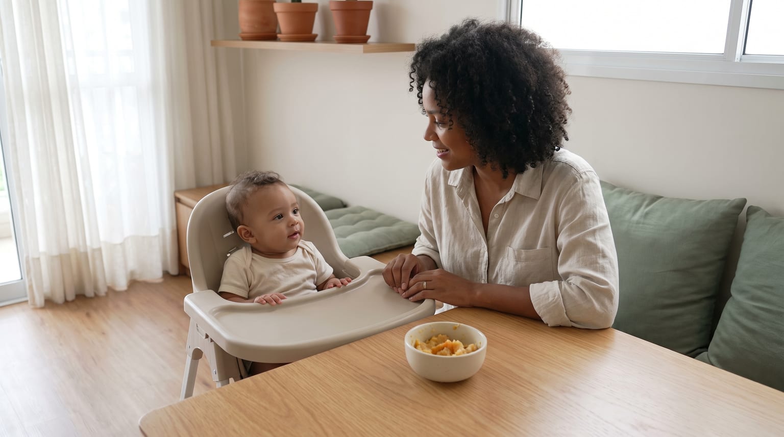 Uma mulher sorri para um bebê sentado em uma cadeira de alimentação, com uma tigela de comida sobre a mesa.
