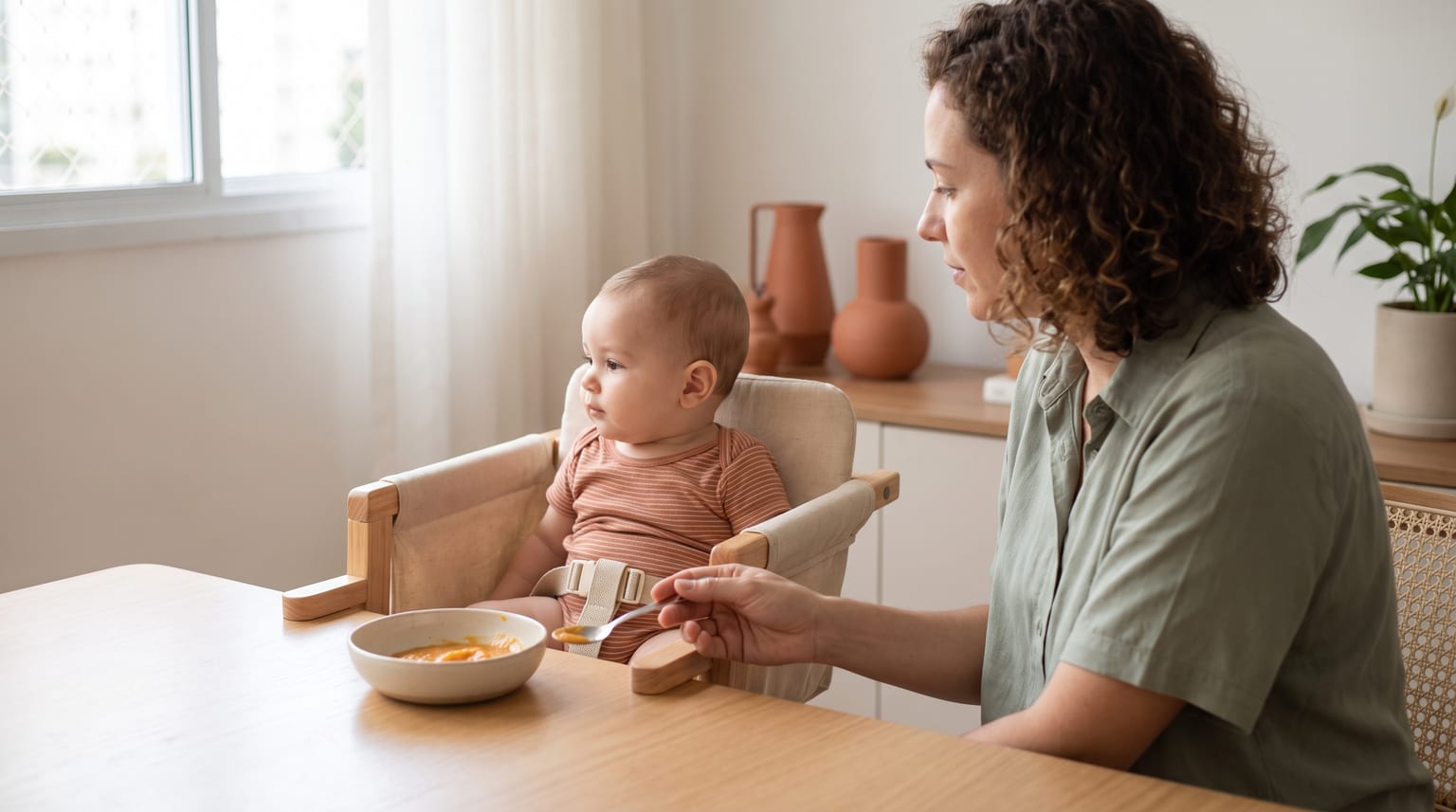 Uma mulher segura uma colher ao lado de um bebê sentado à mesa, diante de uma tigela com alimento macio.