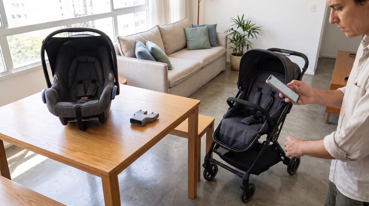 Pessoa consulta o celular ao lado de um bebê conforto, um carrinho aberto e um adaptador mantidos separados