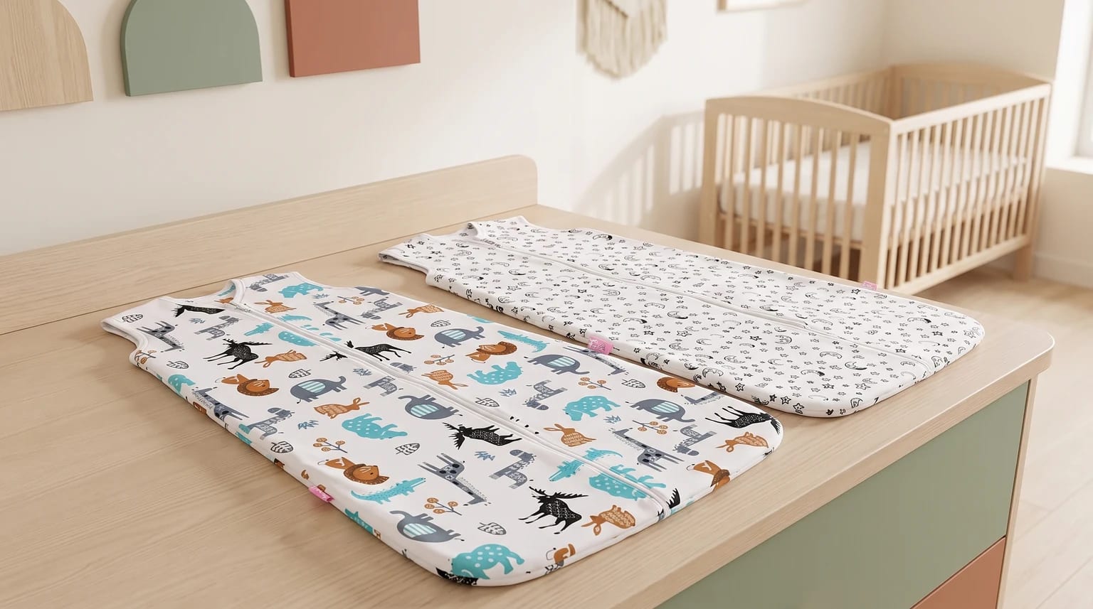Dois sacos de dormir para bebê, um com animais e outro com luas e estrelas, sobre um trocador.