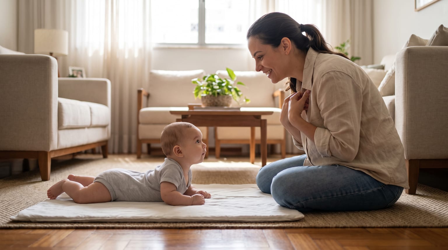 Uma mulher interage de frente com um bebê acordado durante o tummy time supervisionado em uma área livre no chão.