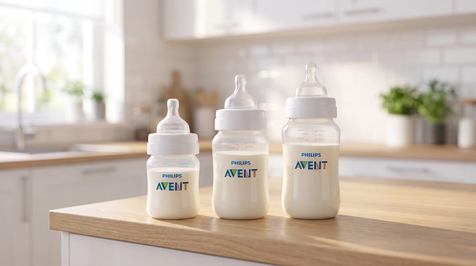 Três mamadeiras Philips Avent de tamanhos diferentes, com leite, alinhadas sobre uma bancada de madeira na cozinha.