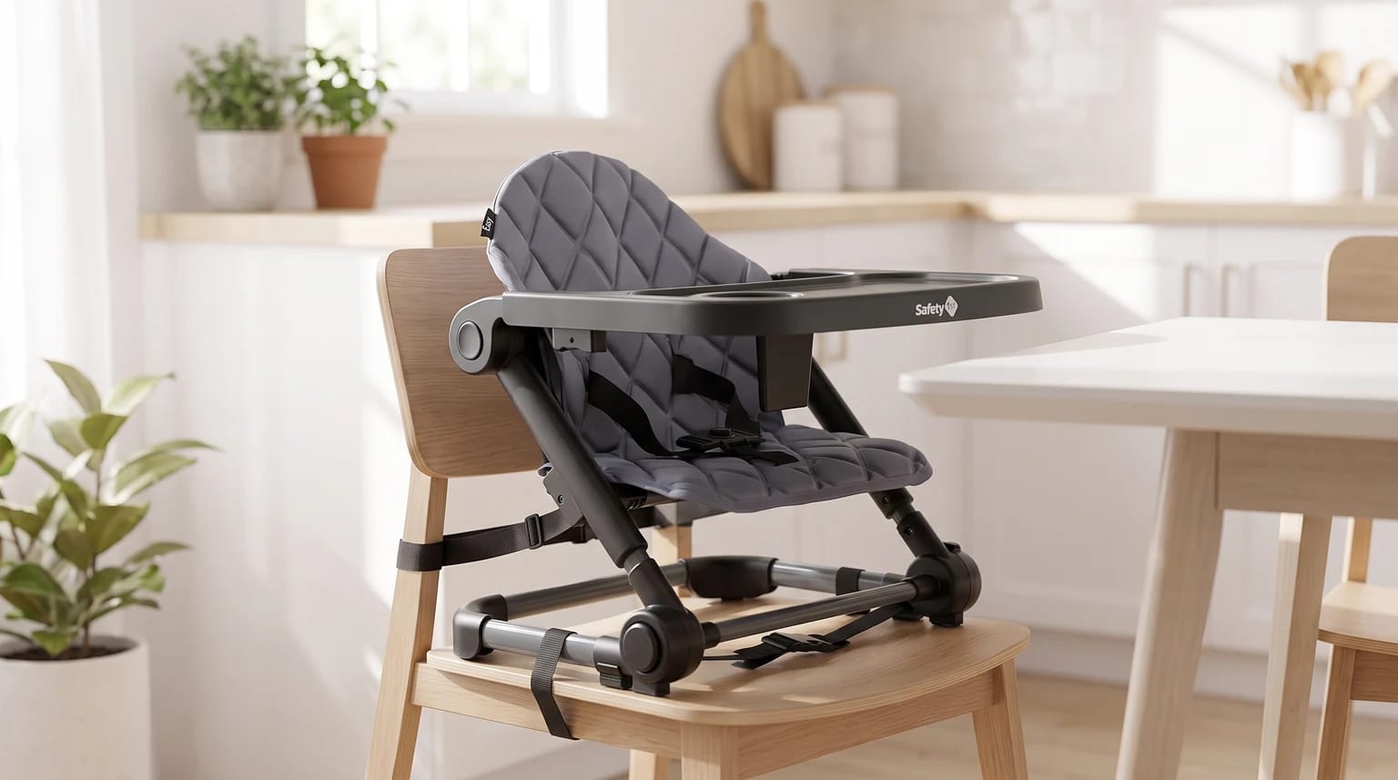 Cadeirinha de alimentação Safety 1st Easy nas cores cinza e preto, presa a uma cadeira de jantar de madeira em uma cozinha iluminada.