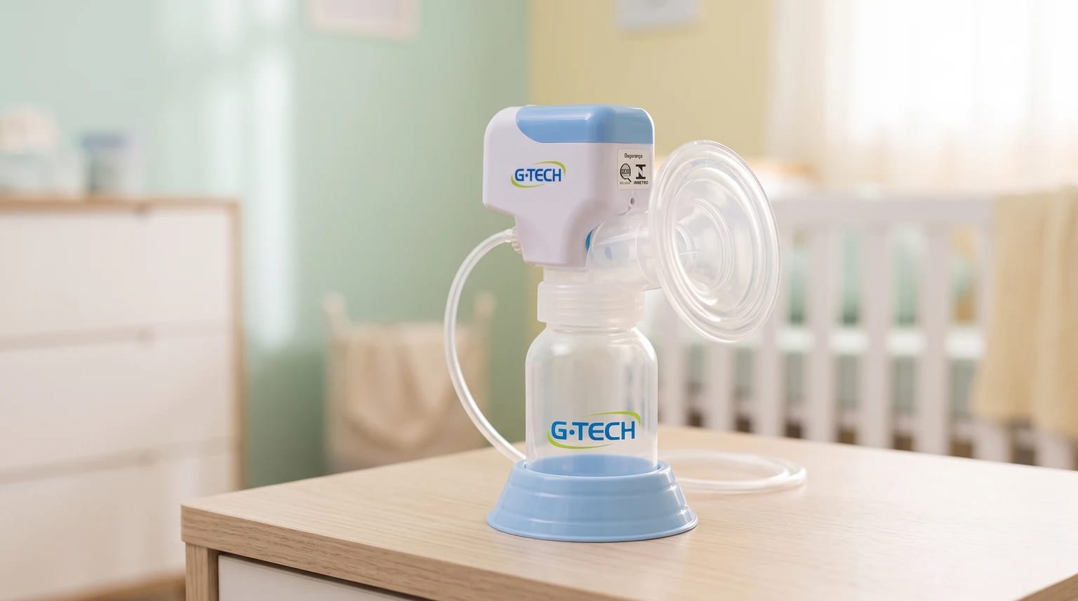 Bomba de tirar leite elétrica da G-Tech sobre uma mesa de madeira, com um quarto de bebê desfocado ao fundo.