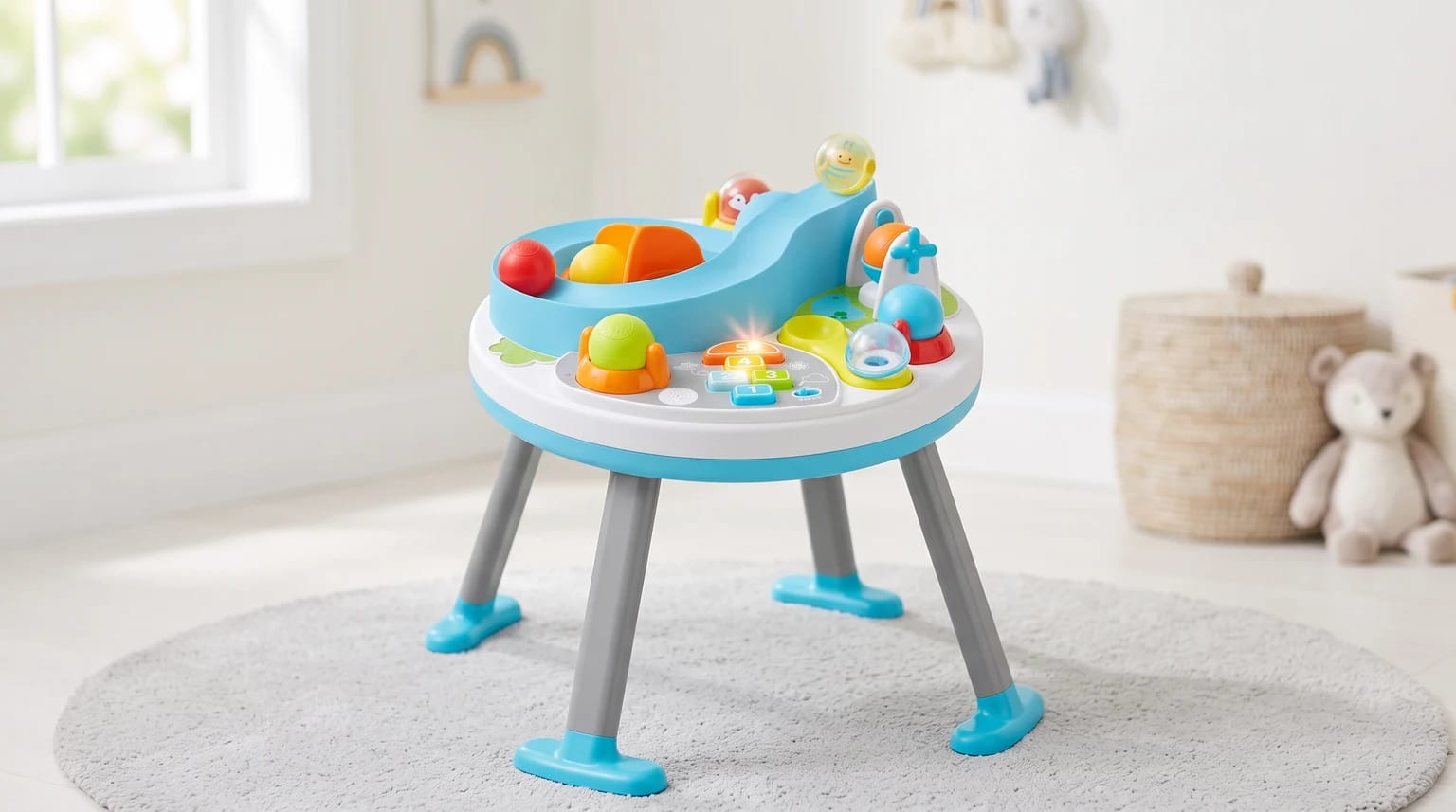 Mesa de atividades infantil azul e branca com uma rampa para bolinhas e teclas iluminadas, posicionada sobre um tapete cinza num quarto de bebê.