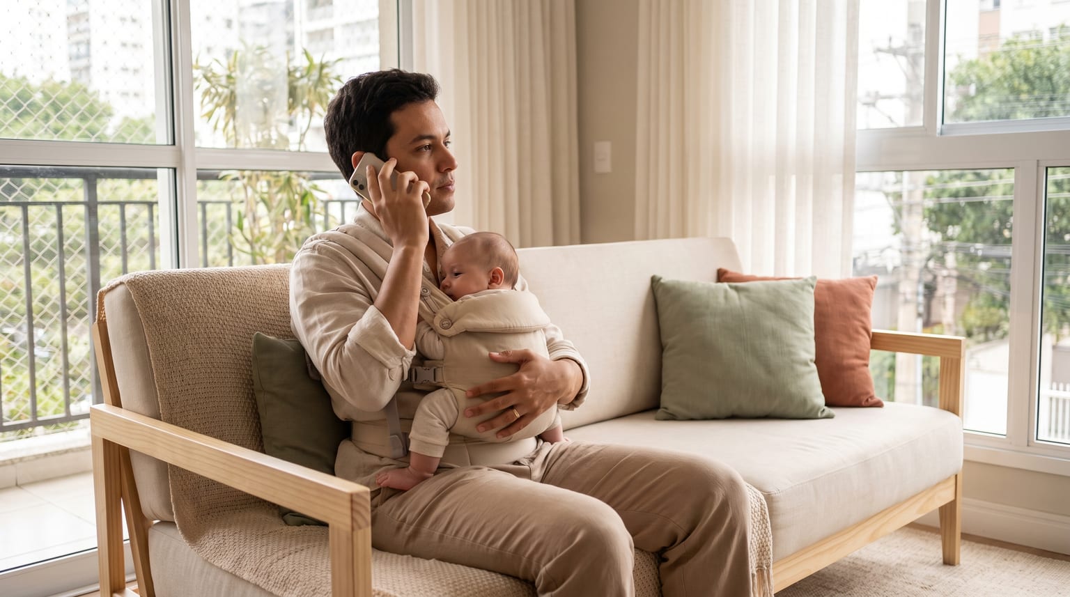 Um homem faz uma ligação enquanto mantém um bebê acomodado em um canguru.