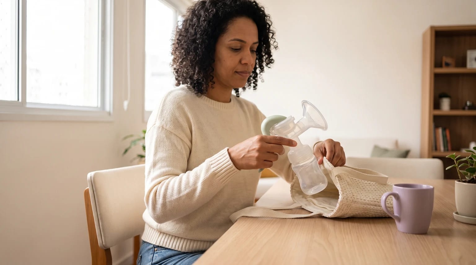 Uma mulher com suéter claro, sentada a uma mesa, guarda uma bomba manual de tirar leite dentro de uma bolsa de tecido.