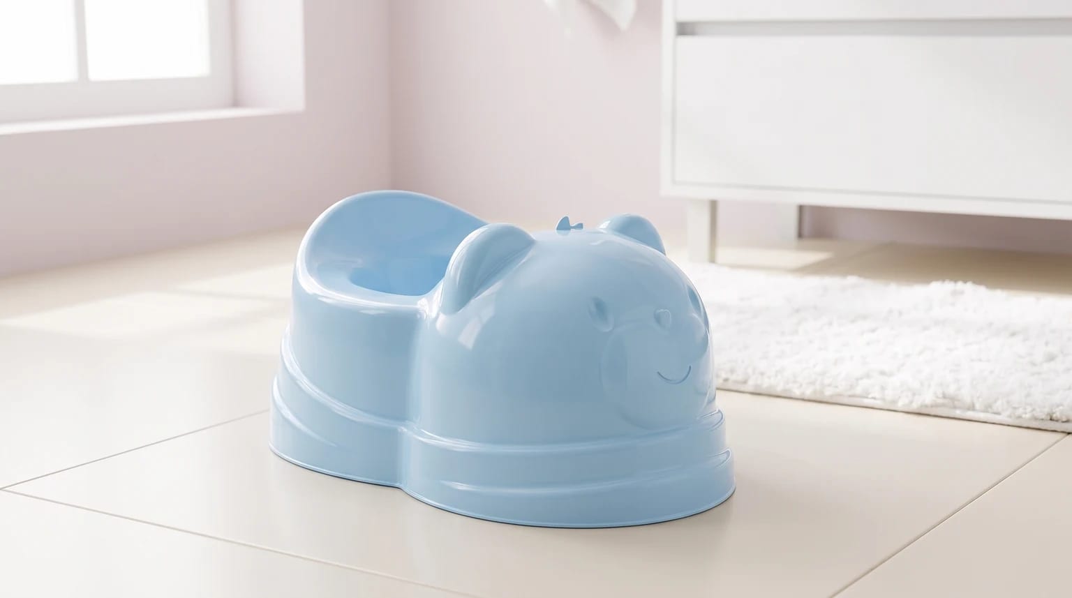 Penico infantil azul-claro em formato de bichinho sobre um piso claro, ao lado de um tapete branco.