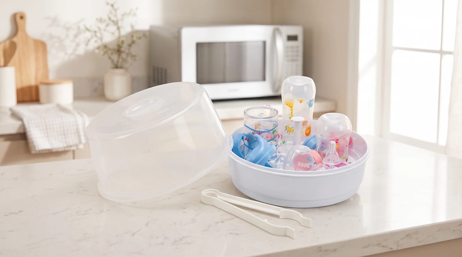 Esterilizador de mamadeira para micro-ondas em uma bancada de cozinha, aberto e cheio de mamadeiras e acessórios, com a tampa e uma pinça ao lado.