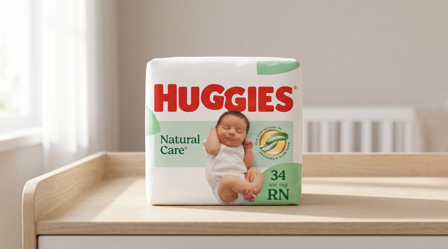 Pacote de fraldas Huggies Natural Care para recém-nascidos sobre um trocador de madeira, com um berço desfocado ao fundo.